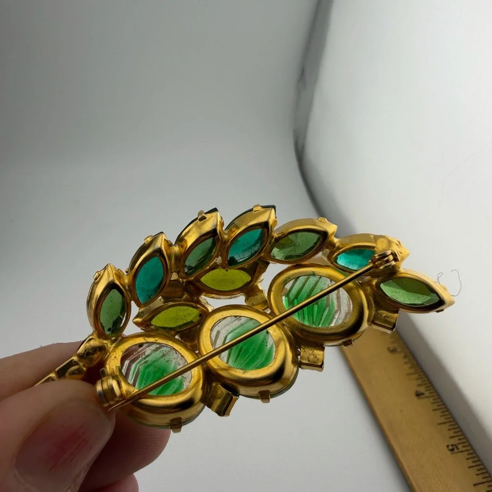 Vintage Reverse Carved Givre Rhinestone Leaf Brooch Statement Pin
